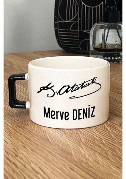 Kişiye Özel Atatürk Imzası ve Isim Yazılı Lüks Fincan Siyah Öğretmenler Günü Hediyesi