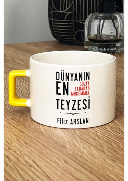 Kişiye Özel Teyzeye Hediye Lüks Fincan Sarı Teyzeye Doğum Günü Hediyesi