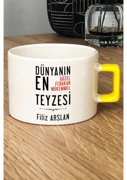 Kişiye Özel Teyzeye Hediye Lüks Fincan Sarı Teyzeye Doğum Günü Hediyesi