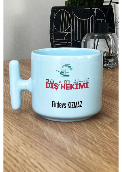 Kişiye Özel Diş Hekimi Pastel T Kulplu Kupa Bardak Mavi Diş Hekimleri Günü Hediyesi