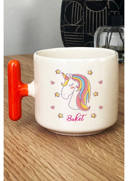 Kişiye Özel Unicorn Kupa Bardak T Kulplu Turuncu Kız Çocuğa Doğum Günü Hediyesi