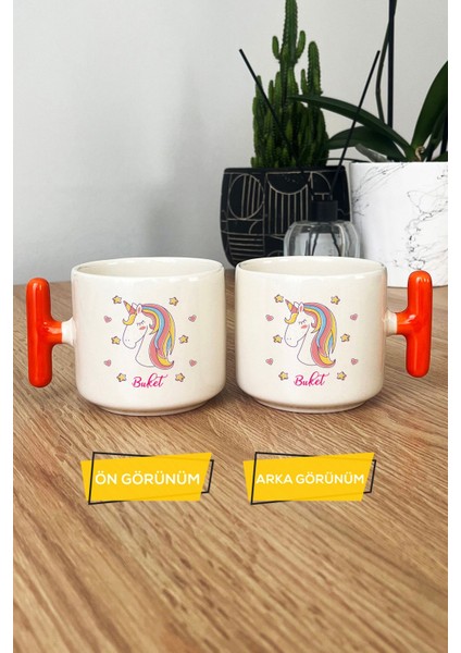 Kişiye Özel Unicorn Kupa Bardak T Kulplu Turuncu Kız Çocuğa Doğum Günü Hediyesi modelleri