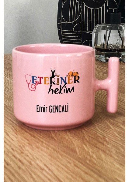 Kişiye Özel Veteriner Hekim Pastel T Kulplu Kupa Bardak Pembe Isme Özel Tıp Bayramı Hediyeleri