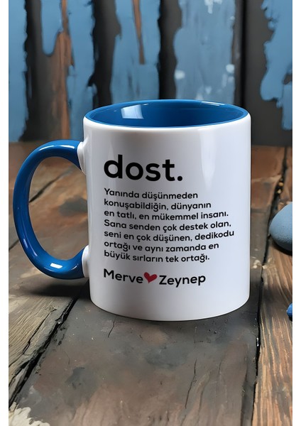 Kişiye Özel Dost Kupa Bardak Mavi Isme Özel Arkadaşa Hediye