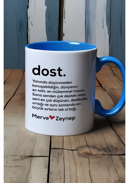 Kişiye Özel Dost Kupa Bardak Mavi Isme Özel Arkadaşa Hediye