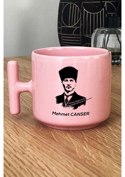 Kişiye Özel Atatürk Asil Kan Pastel T Kulplu Kupa Bardak Pembe Öğretmenler Günü Hediyesi