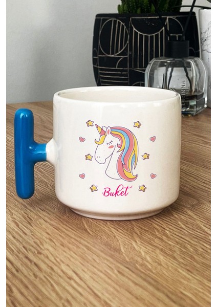 Kişiye Özel Unicorn Kupa Bardak T Kulplu Mavi Kız Çocuğa Doğum Günü Hediyesi