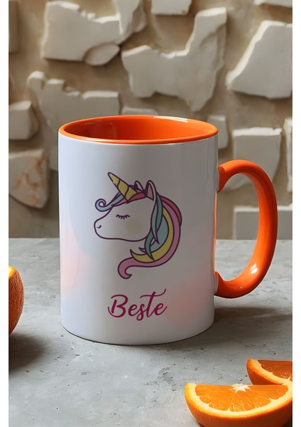 Kişiye Özel Unicorn Kupa Bardak Turuncu Arkadaşa Doğum Günü Hediyesi