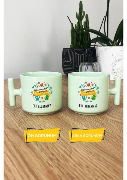 Kişiye Özel Öğretmenler Günü Hediyesi Pastel T Kulplu Kupa Bardak Yeşil modelleri