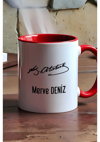 Kişiye Özel Atatürk Imzası ve Isim Yazılı Kupa Bardak Kırmızı Öğretmenler Günü Hediyesi