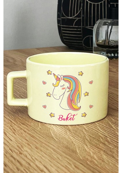 Kişiye Özel Unicorn Pastel Fincan Sarı Kız Çocuğa Doğum Günü Hediyesi