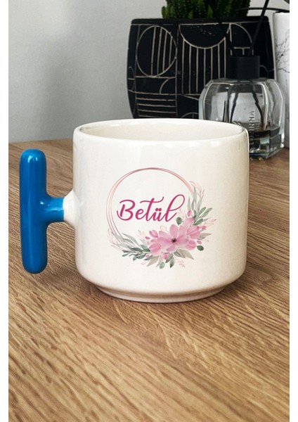 Kişiye Özel Doğum Günü Hediyesi Kupa Bardak T Kulplu Mavi Isim Yazılı