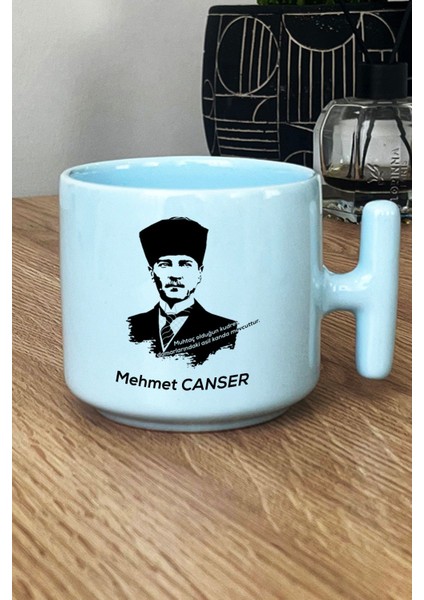 Kişiye Özel Atatürk Asil Kan Pastel T Kulplu Kupa Bardak Mavi Öğretmenler Günü Hediyesi