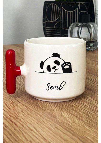 Kişiye Özel Sevimli Panda Kupa Bardak T Kulplu Kırmızı Pandalı Hediye