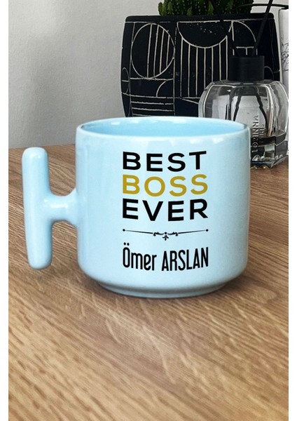 Kişiye Özel Best Boss Ever Pastel T Kulplu Kupa Bardak Mavi Patrona Doğum Günü Hediyesi