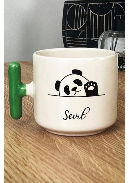 Kişiye Özel Sevimli Panda Kupa Bardak T Kulplu Yeşil Pandalı Hediye