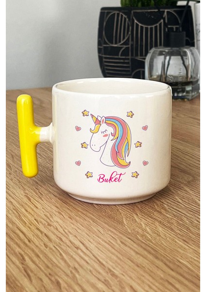 Kişiye Özel Unicorn Kupa Bardak T Kulplu Sarı Kız Çocuğa Doğum Günü Hediyesi