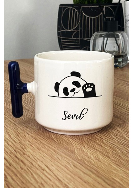Kişiye Özel Sevimli Panda Kupa Bardak T Kulplu Lacivert Pandalı Hediye