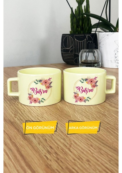 Kişiye Özel Çiçekli Isim Yazan Pastel Fincan Sarı Arkadaşa Doğum Günü Hediyesi modelleri