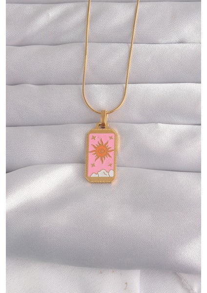 316L Çelik Gold Renk Pembe Mineli Güneş Model Tarot Kolye - TJ-BKO9029