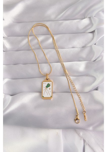 316L Çelik Gold Renk Beyaz Mineli Tarot Kolye - TJ-BKO9039