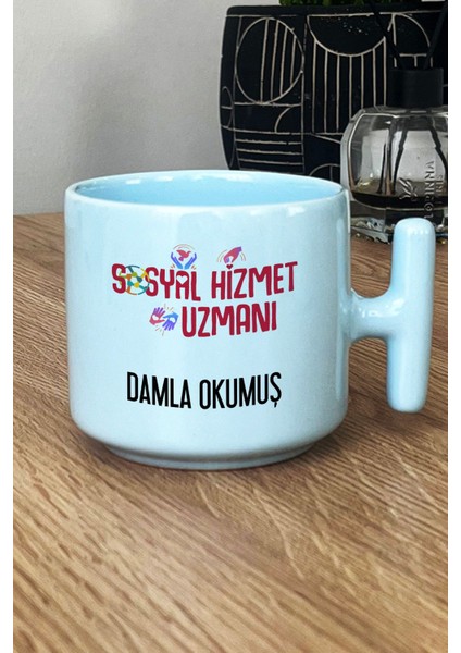 Kişiye Özel Sosyal Hizmet Uzmanı Pastel T Kulplu Kupa Bardak Mavi