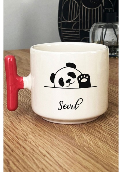 Kişiye Özel Sevimli Panda Kupa Bardak T Kulplu Pembe Pandalı Hediye