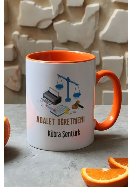 Kişiye Özel Adalet Öğretmeni Kupa Bardak Turuncu Öğretmenler Günü Hediyesi