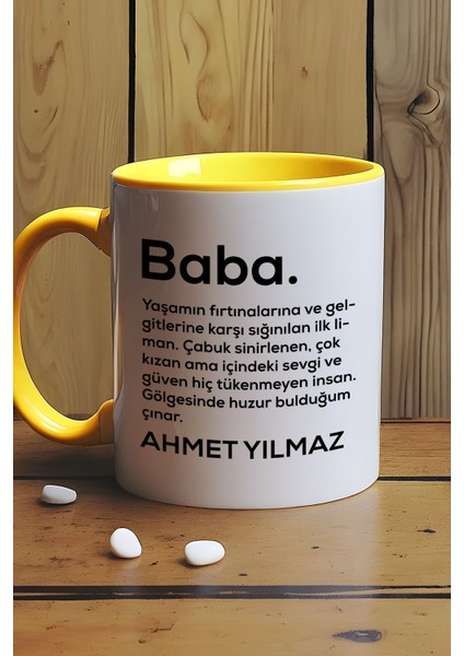 Kişiye Özel Baba Kupa Bardak Sarı Isme Özel Babalar Günü Hediyesi