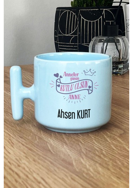 Kişiye Özel Anneler Günü -2- Hediyesi Pastel T Kulplu Kupa Bardak Mavi