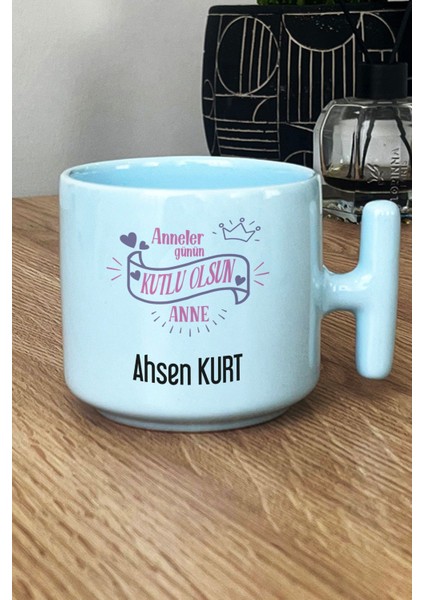 Kişiye Özel Anneler Günü -2- Hediyesi Pastel T Kulplu Kupa Bardak Mavi
