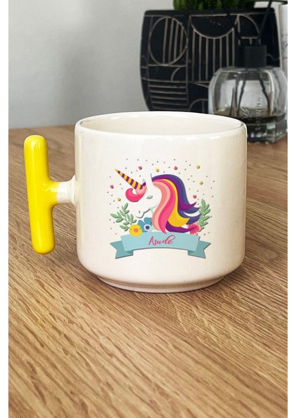Kişiye Özel Unicorn Kupa Bardak T Kulplu Sarı Kız Çocuğa Hediye