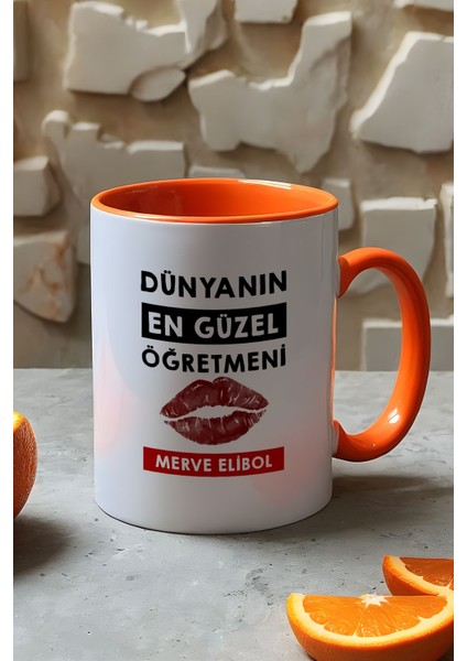 Kişiye Özel Dünyanın En Güzel Öğretmeni Kupa Bardak Turuncu Öğretmenler Günü Hediyesi
