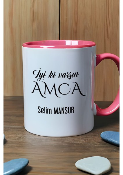 Kişiye Özel Iyi Ki Varsın Amca Kupa Bardak Pembe Doğum Günü Hediyesi