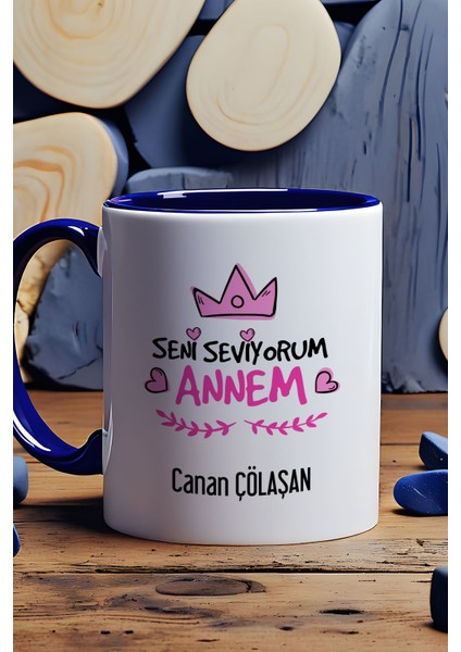 Kişiye Özel Seni Seviyorum Annem Kupa Bardak Lacivert Anneye Doğum Günü Hediyesi