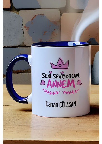 Kişiye Özel Seni Seviyorum Annem Kupa Bardak Lacivert Anneye Doğum Günü Hediyesi modelleri
