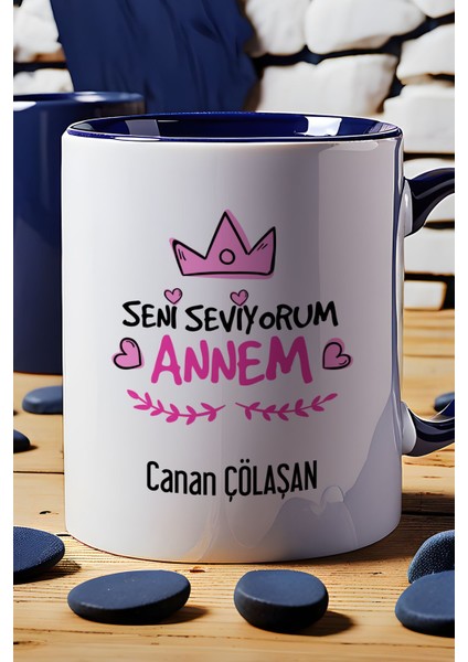 Kişiye Özel Seni Seviyorum Annem Kupa Bardak Lacivert Anneye Doğum Günü Hediyesi indirimleri