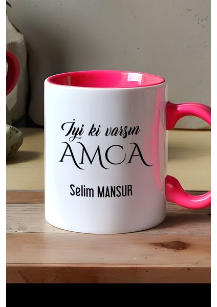 Kişiye Özel Iyi Ki Varsın Amca Kupa Bardak Pembe Doğum Günü Hediyesi modelleri