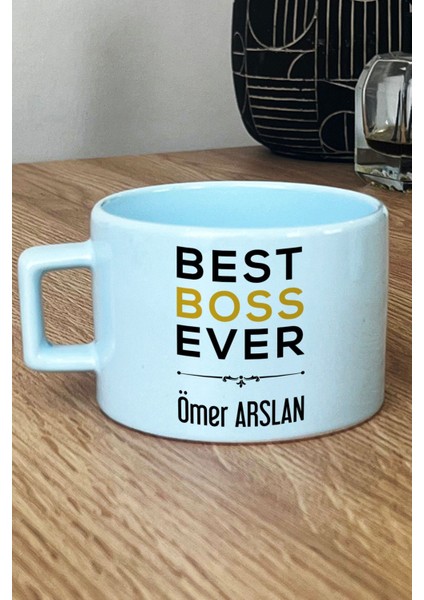Kişiye Özel Best Boss Ever Pastel Fincan Mavi Patrona Doğum Günü Hediyesi