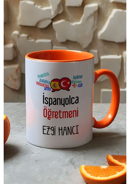 Kişiye Özel Ispanyolca Öğretmeni -2- Kupa Bardak Turuncu Öğretmenler Günü Hediyesi