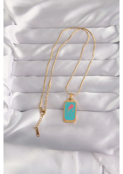 316L Çelik Gold Renk Mavi Mineli Tarot Kolye - TJ-BKO9030