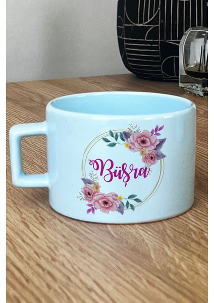 Kişiye Özel Çiçekli Isim Yazan Pastel Fincan Mavi Arkadaşa Doğum Günü Hediyesi
