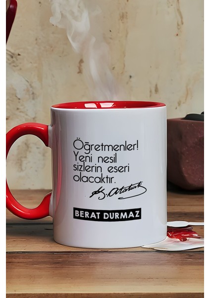 Kişiye Özel Öğretmenler Günü Hediyesi Kupa Bardak Kırmızı Atatürk Sözlü