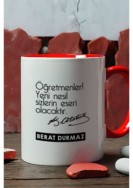Kişiye Özel Öğretmenler Günü Hediyesi Kupa Bardak Kırmızı Atatürk Sözlü