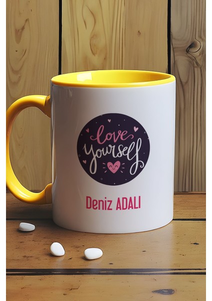Kişiye Özel Love Your Self Kupa Bardak Sarı Motto Arkadaşa Hediye