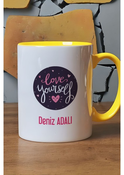 Kişiye Özel Love Your Self Kupa Bardak Sarı Motto Arkadaşa Hediye fırsatları