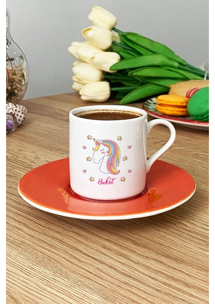 Kişiye Özel Unicorn Türk Kahvesi Fincanı Turuncu Kız Çocuğa Doğum Günü Hediyesi