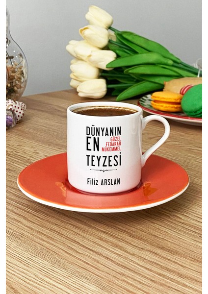 Kişiye Özel Teyzeye Hediye Türk Kahvesi Fincanı Turuncu Teyzeye Doğum Günü Hediyesi