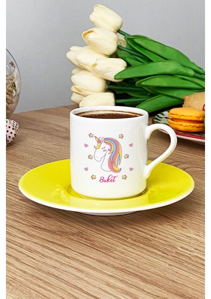 Kişiye Özel Unicorn Türk Kahvesi Fincanı Sarı Kız Çocuğa Doğum Günü Hediyesi