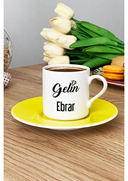 Kişiye Özel Gelin Türk Kahvesi Fincanı Sarı Nişan Düğün Söz Isteme Hediyesi